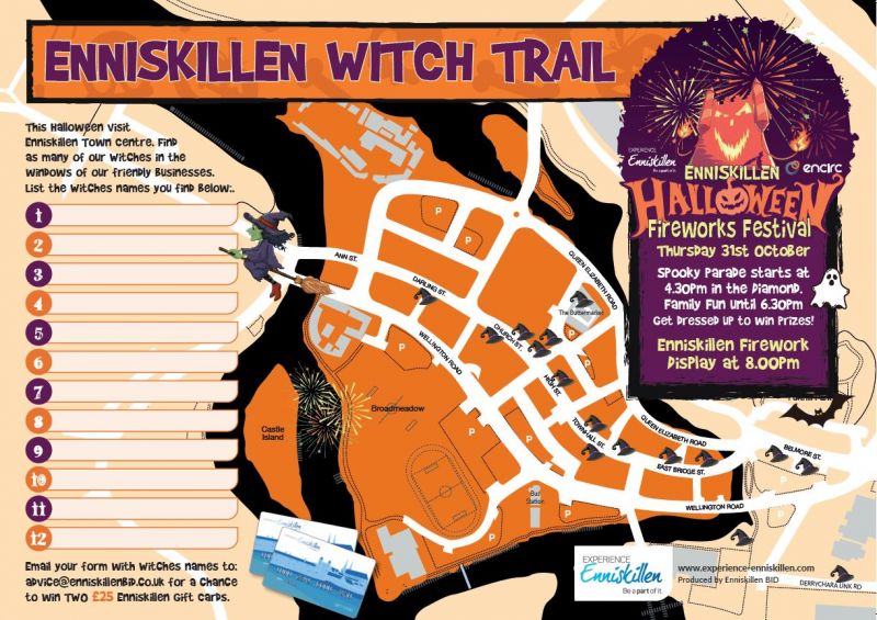 Experience Enniskillen are hosting a family fun evening in Enniskillen on Tuesday 31st October from 4.30pm – 6.30pm, followed then by Enniskillen Fireworks from 7pm at the Broadmeadow.  Everyone welcome for great fun on Halloween night.